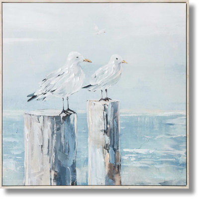Art mural en toile Shoreline Serenity: Seagulls on Weathered Poles - 33 po x 33 po