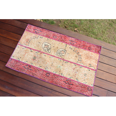 Vintage Turkish Handmade Small Area Rug in Red and Beige for Unique Bohemian Style Home Decor