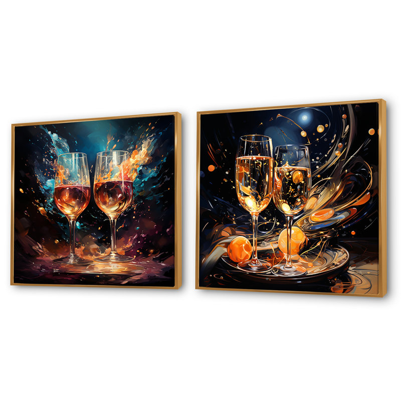 Joyful Bubbles - Ensemble de 2 collages carrés vin et champagne, Cadre flottant doré, H 30 po x l 61 po