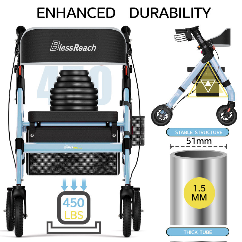 Foldable Rollator Walkers with Seat for Seniors, 450 lb Capacity, 8" Wheels, 18" Big Seat, 6-Position Adjustable Height, Heavy-Duty Aluminum Rolling Walker
