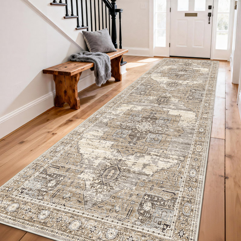 Washable Rugs - Large Boho Rugs for Living Room Stain Resistant Carpet Vintage Tribal Rugs for Bedroom Kitchen Bathroom Non Slip Backing Home Decor Floor Decoration Mat Beige