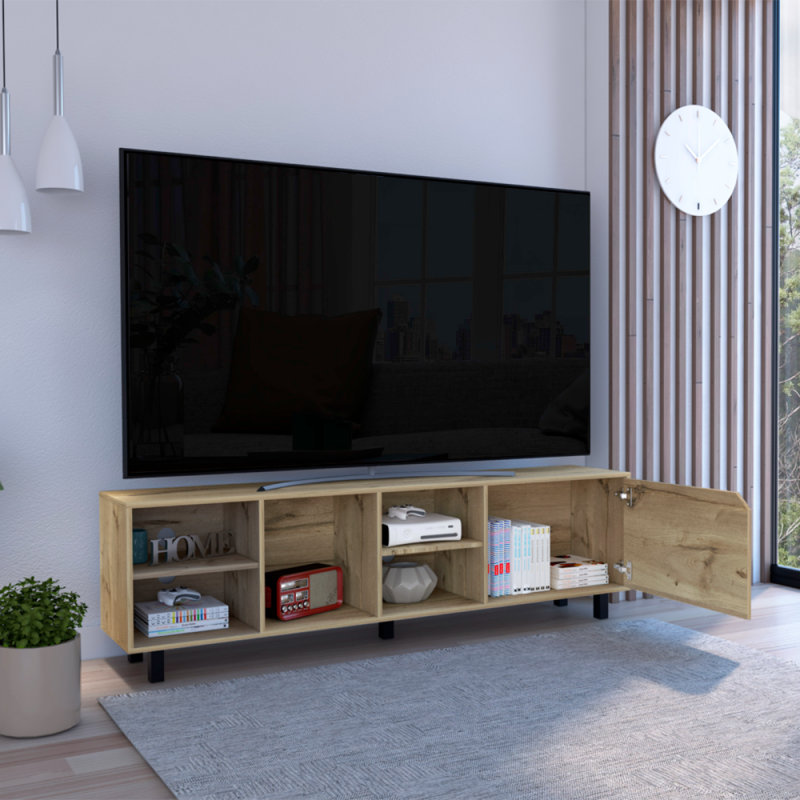 Meuble télé pour téléviseur de 70 po ou moins Jyra Conquest, 4 tablettes ouvertes, cinq pieds, chêne clair
