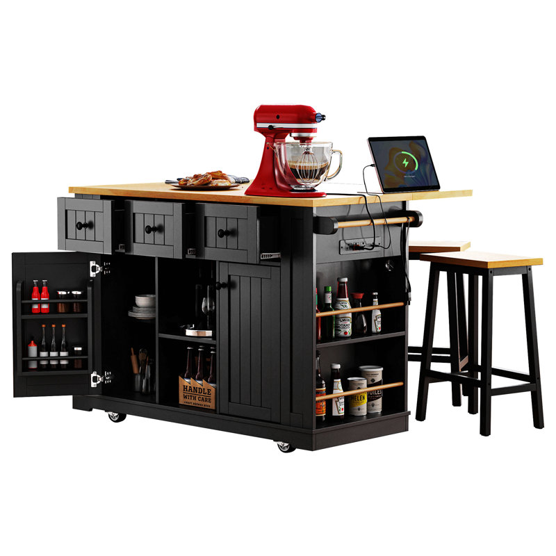 Veralith 53" Kitchen Island Set With 2 Bar Stools, Power Outlet And Drop Leaf, Black