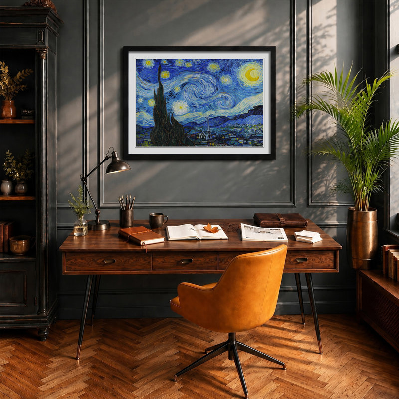 The Starry Night by Vincent Van Gogh - Picture Frame Painting on MDF, Black Framed, 48cm H x 65cm W x 2cm D
