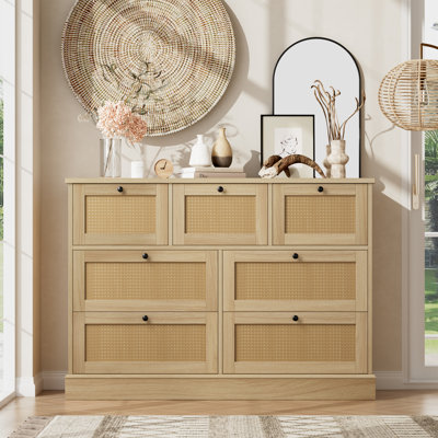 Joellen 44.5" W 7 Drawer Rattan Dresser, Wood Storage Chest of Drawers by Beachcrest Home