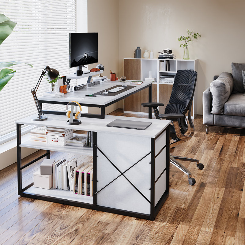 L-Shaped Metal Base Computer Desk, Black, Grey