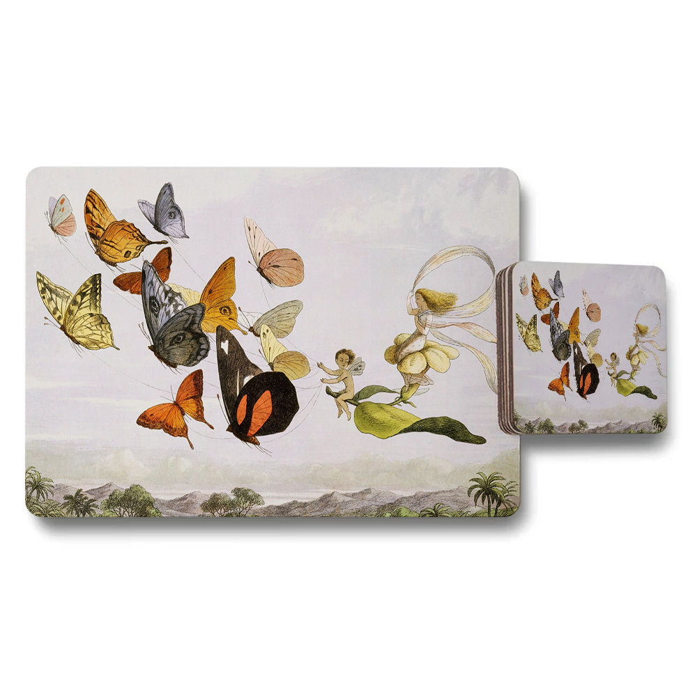 Butterfly Garden Placemats And Coaster Set With Fairy Illustration