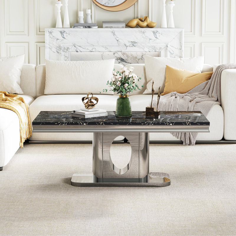 Modern Marble Coffee Table, 46.85" Rectangular Faux Marble, Luxury Mirrored Round Hollow Stainless Steel Base, Cocktail Table, Center Table