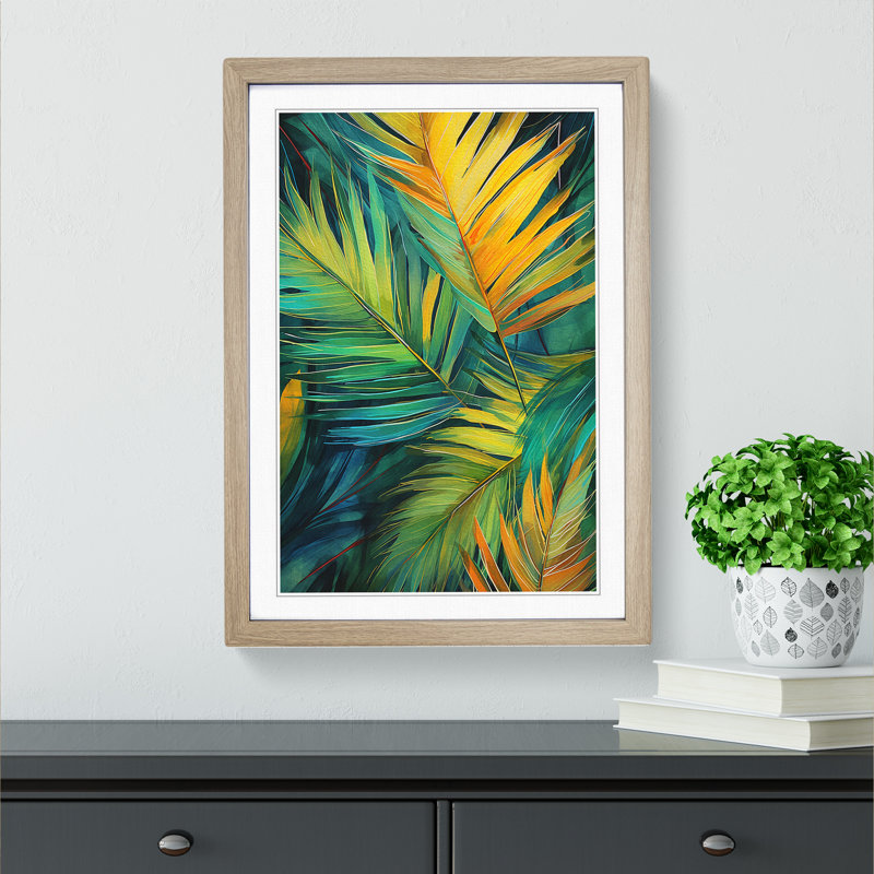 Palm Leaf Modern No.2 - Single Picture Frame Print on Wood, 34cm H x 25cm W, Oak Framed