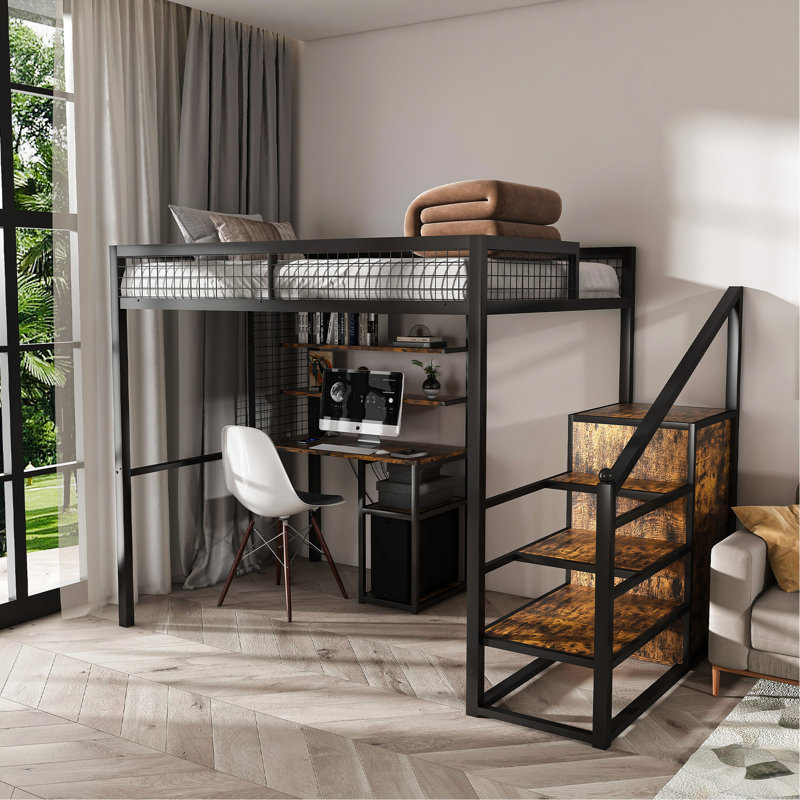 Lit mezzanine avec bureau, support de rangement et zone de charge intégrée pour les petites chambres, centre noir, cloisons de garde-robe réglables