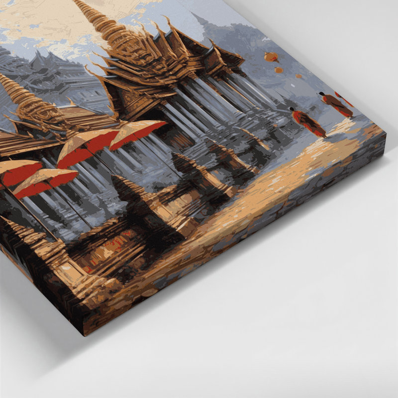 Art mural sur toile brun avec cités, villes, Thaïlande, H 20 po x l 24 po