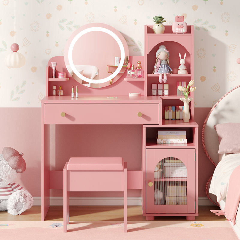 Bureau de coiffeuse avec miroir et lumières, Rose