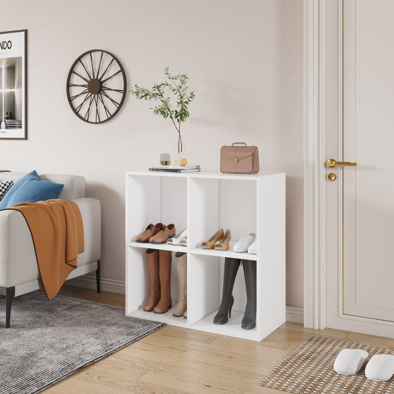 Latitude Run® Shoe Rack, 4 Compartment Open Storage Display Shoes Organizer FSSR015, Ivory White