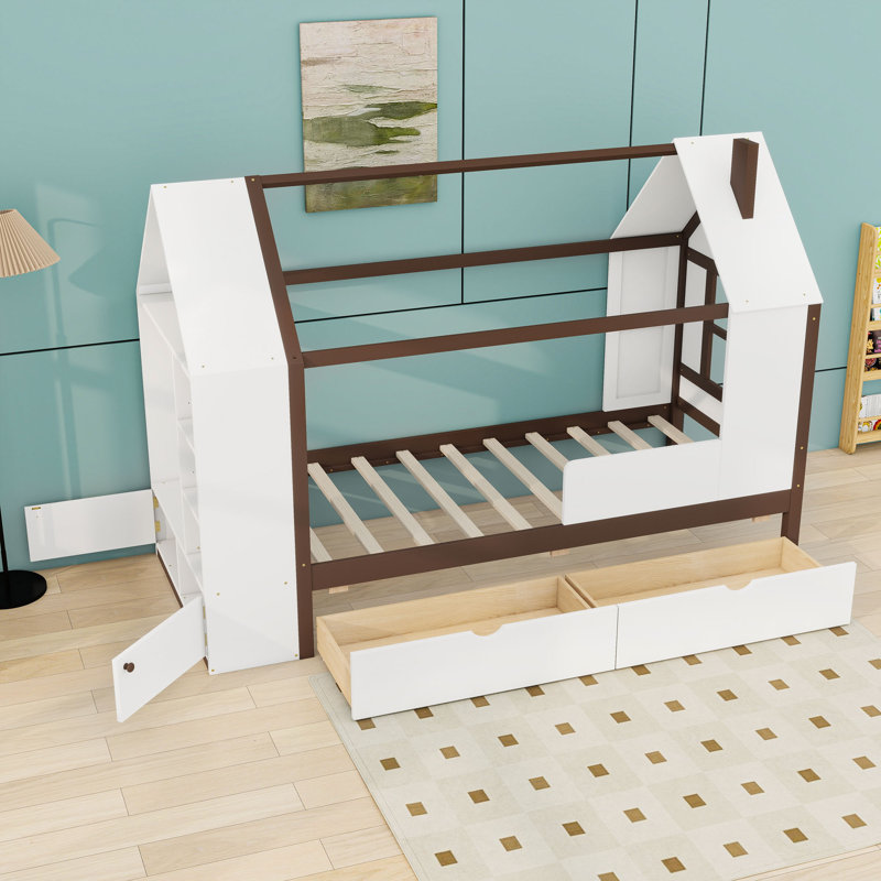 Lit plateforme simple en bois avec tablettes et tiroirs de rangement intégrés, Blanc espresso