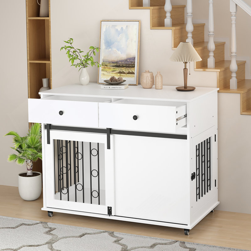 Armoire décorative avec tiroirs doubles et porte de grange coulissante, armoire de rangement avec roues verrouillables