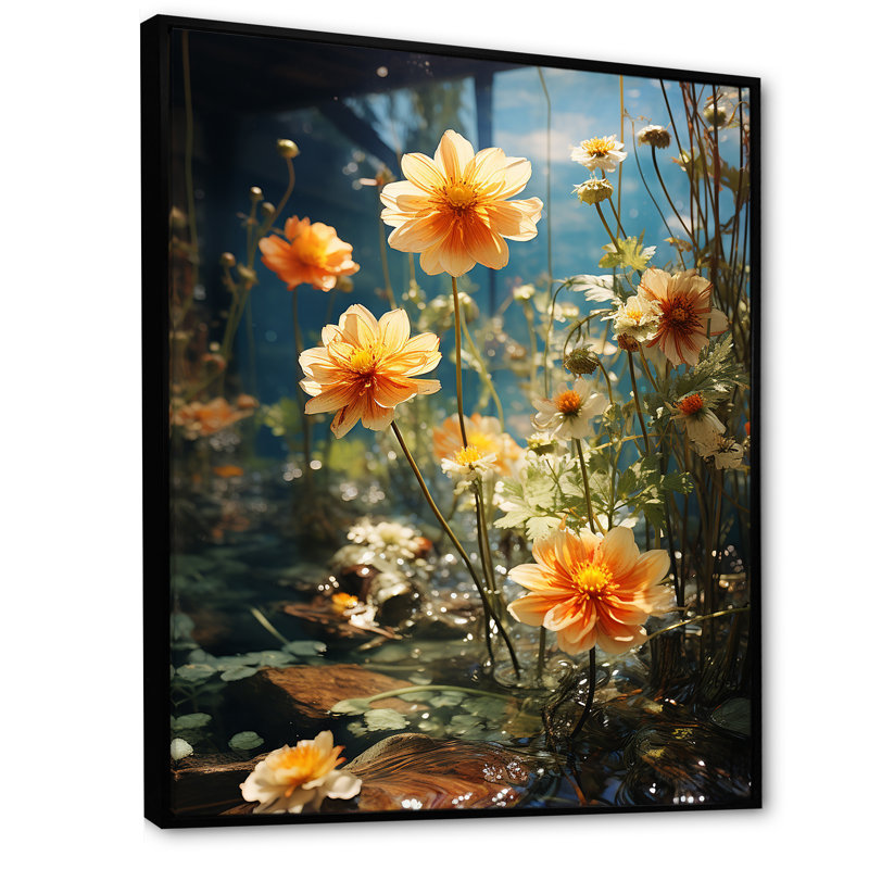 Art mural jaune et vert Zinnias Forest Blooms I - Zinnias, Cadre flottant noir, 40" H x 30" W
