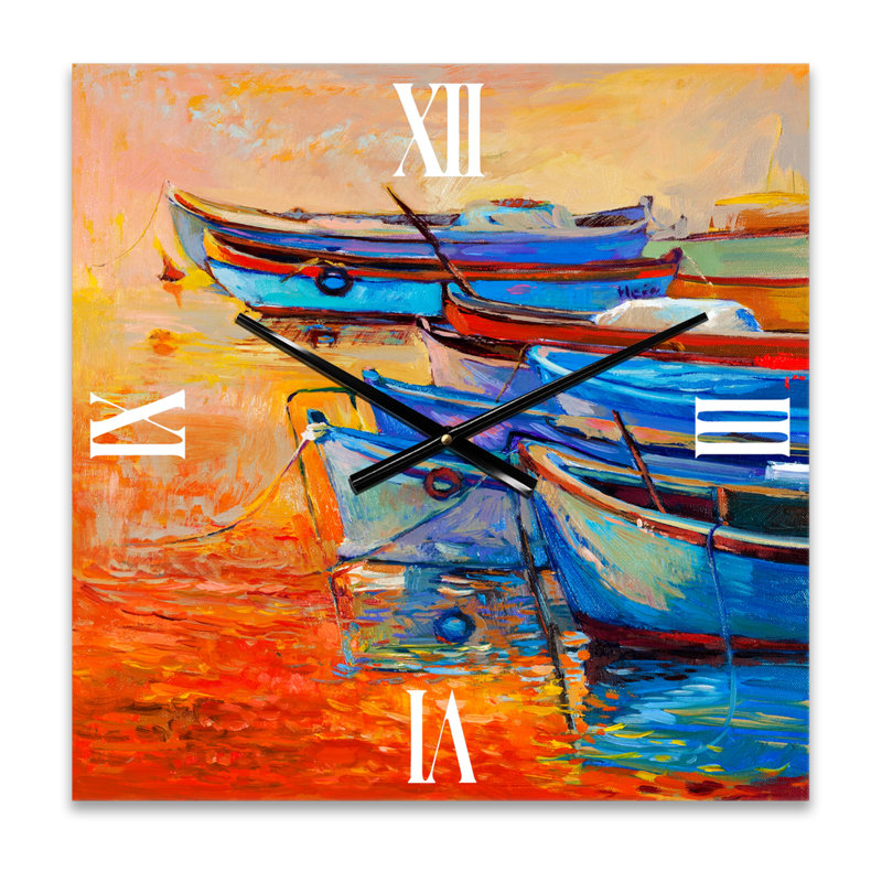 Horloge murale de bateaux se reposant sur l'eau pendant le coucher de soleil chaud, Grand