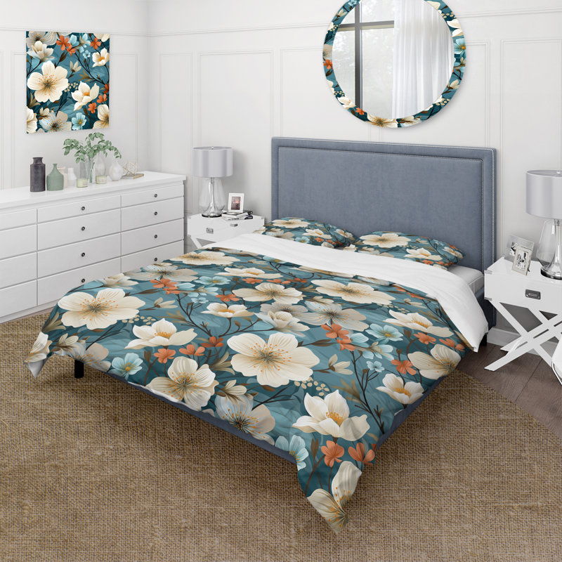 Ensemble de housse de couette Blue Coastal Blossoms, Housse de couette pour très grand lit et 2 très