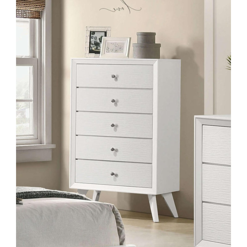 Commode blanche contemporaine à 1 tiroir avec texture ondulée et pieds inclinés | Idée de cadeau