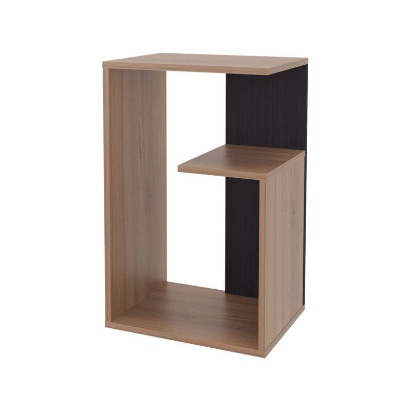 Table d'appoint moderne en mélamine avec rangement ouvert, chêne clair et wengé