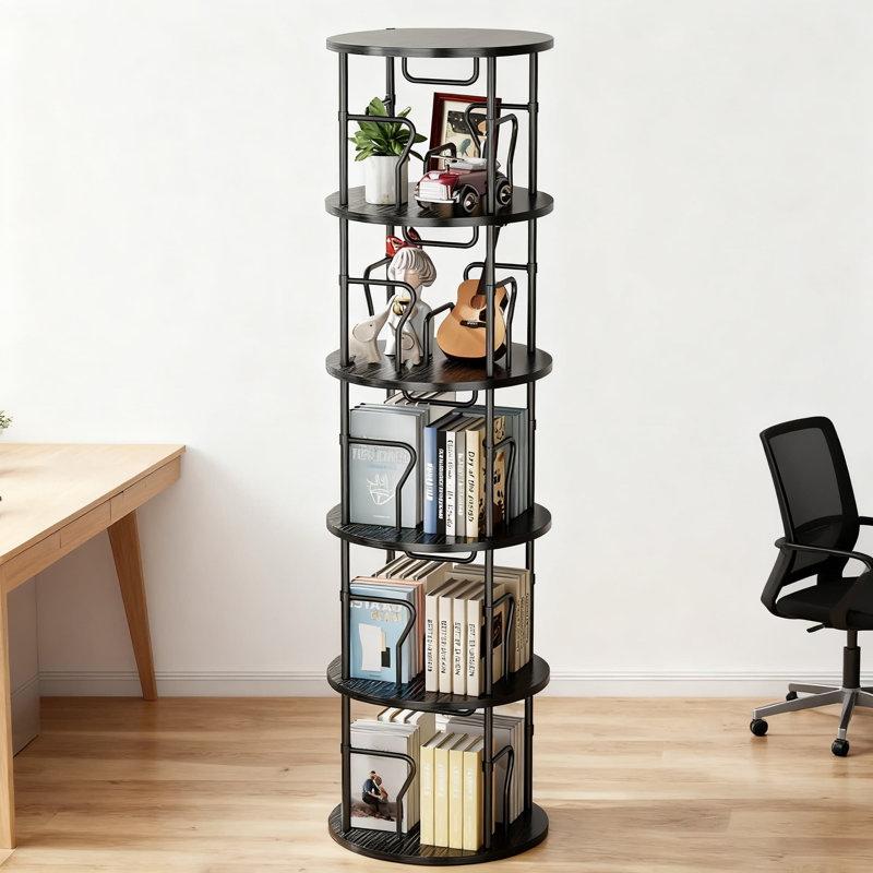 Étagère rotative à 5 niveaux avec bibliothèque pivotante à 360 ° avec structure en métal robuste, organisateur de rangement au sol pour le bureau à domicile et les petits espaces