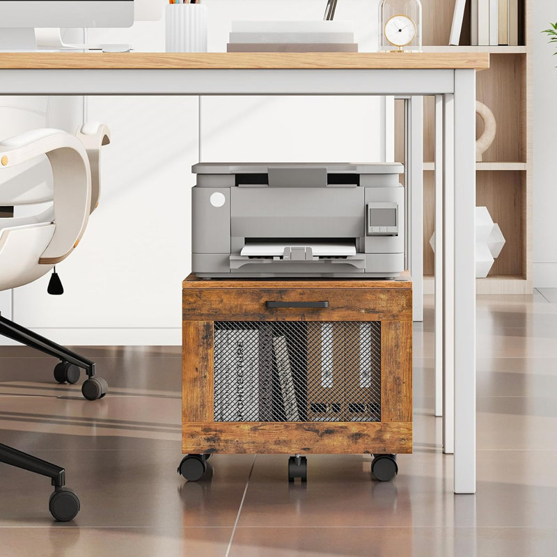 Rustic Brown & Black Rolling File Cart - Under Desk Small Filing Cabinet (File Organizer Box With Drawer, Fits A4/Letter For Home Office)