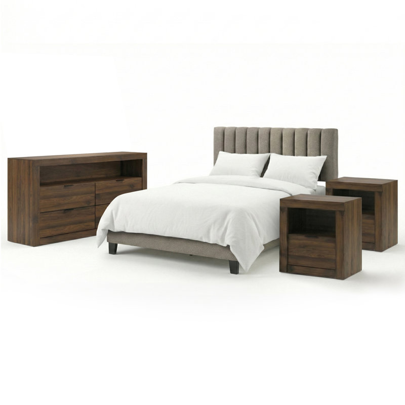 Hildebran 4-Piece Bedroom Set, 4 Pcs: Bed, 2 Nightstands, Dresser, Queen, Brown