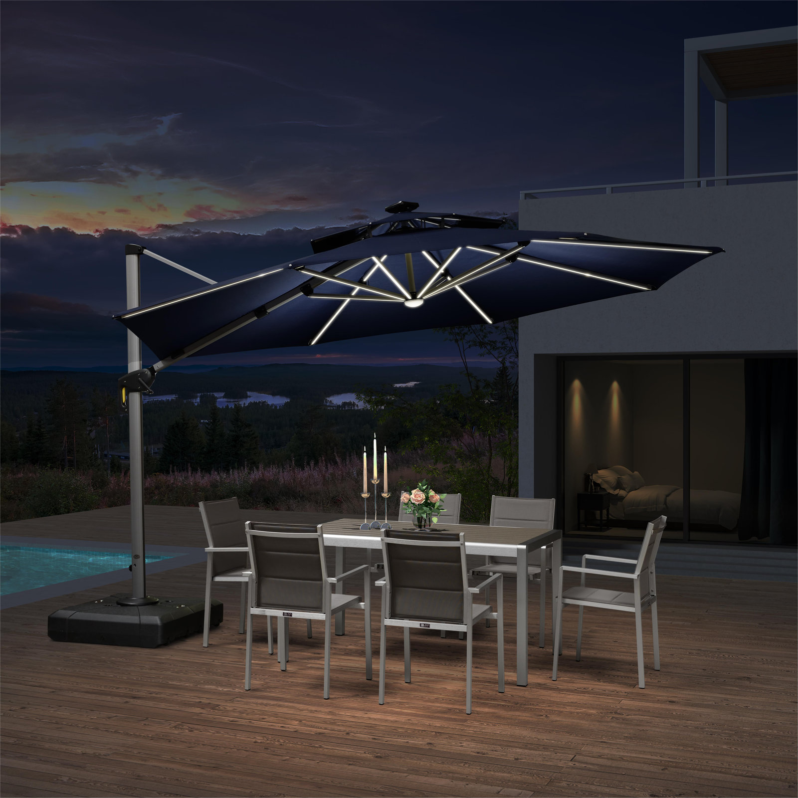 Lillehammer 12' Cantilever Umbrella with Lights, Navy Blue