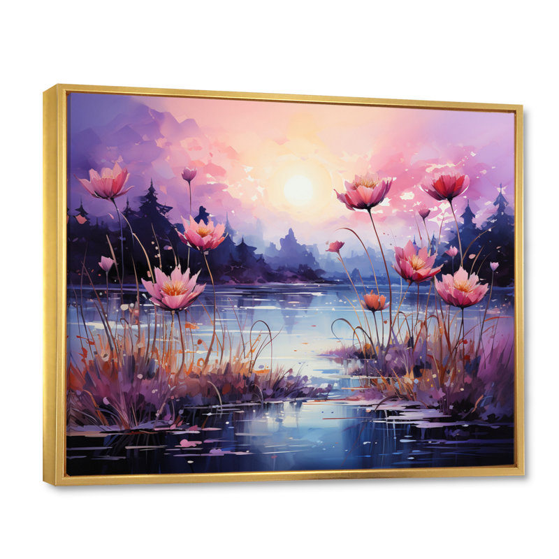 «Pink Purple Riverside Serenity I», reproduction sur toile, H 16 po x l 32 po, Cadre flottant doré