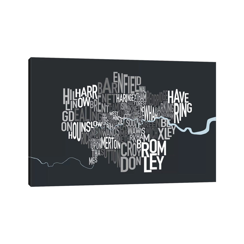 London Text Map by Michael Tompsett - 1 Piece Wrapped Canvas Wall Art, 20.32 cm H x 30.48 cm W