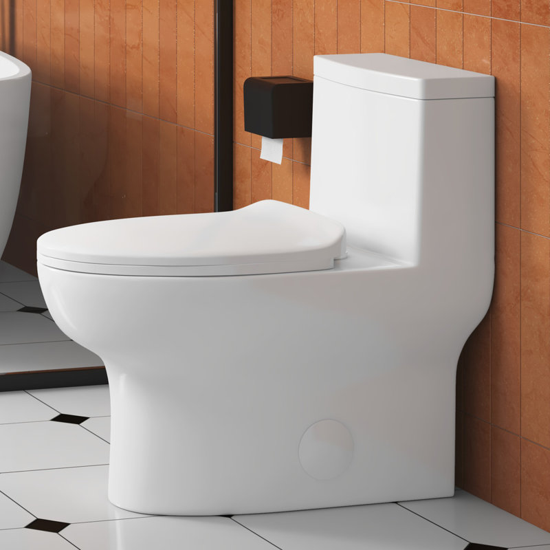 Toilette monobloc allongée au plancher à hauteur confort (siège inclus), Côté gauche