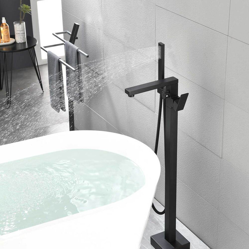 Robinet de baignoire autoportant noir mat - Robinet de baignoire à fixation au sol avec douche à main, poignée simple en laiton, bec pivotant à 360 °, bouton de dérivation, quincaillerie d'installation complète