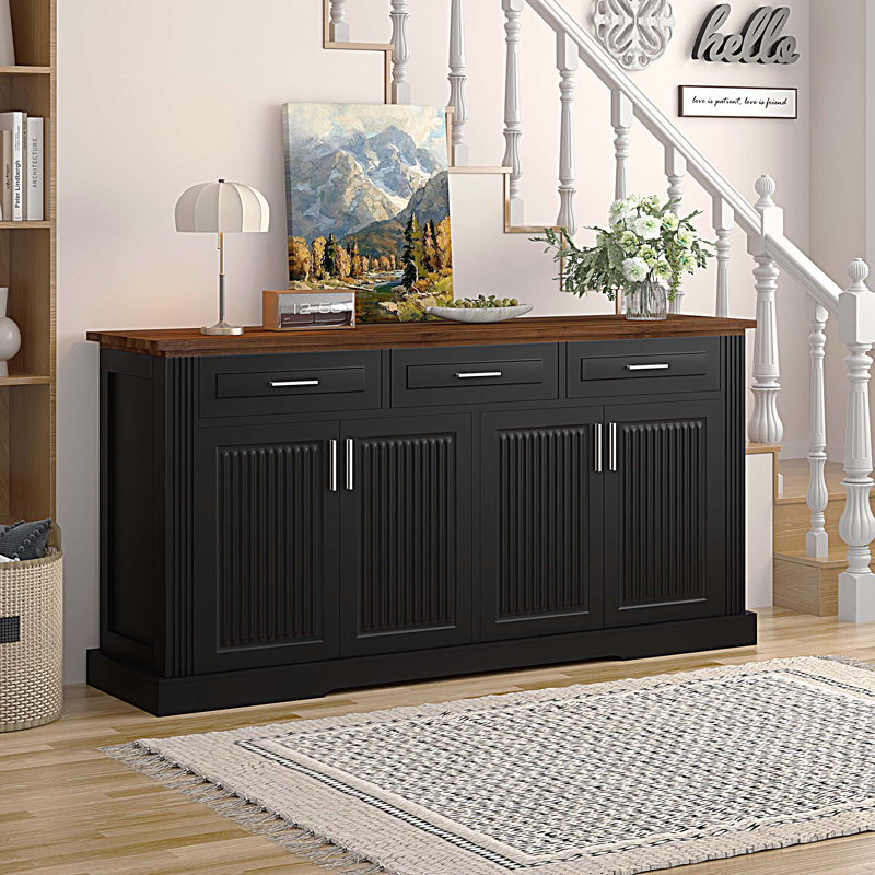 Station de café cannelée de 63 po, buffet noir avec beaucoup de rangement, 4 portes et 3 tiroirs, glissières de tiroir lisses, charnière de haute qualité en noir, conception à deux tons, tablettes réglables,