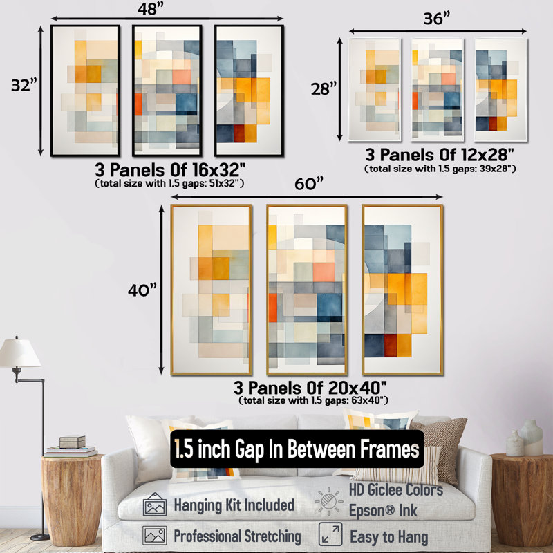 Multicolore cubes motifs IV - art mural géométrique, Cadre flottant noir, H 28 po x l 36 po x P 1 po