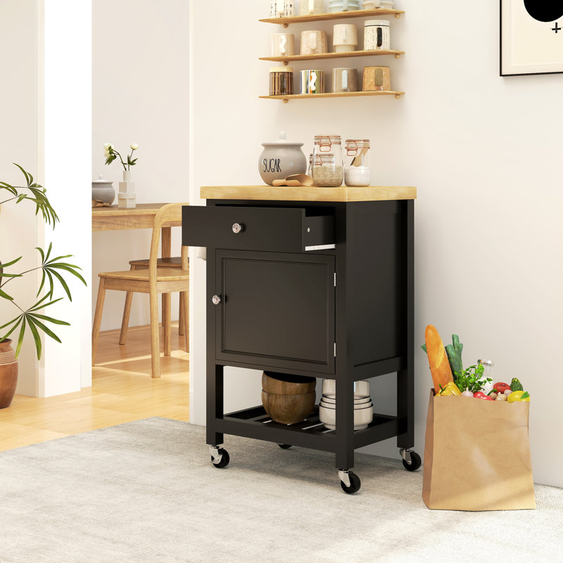 Chariot de cuisine sur roulettes avec porte-serviettes, tiroir et armoire, noir