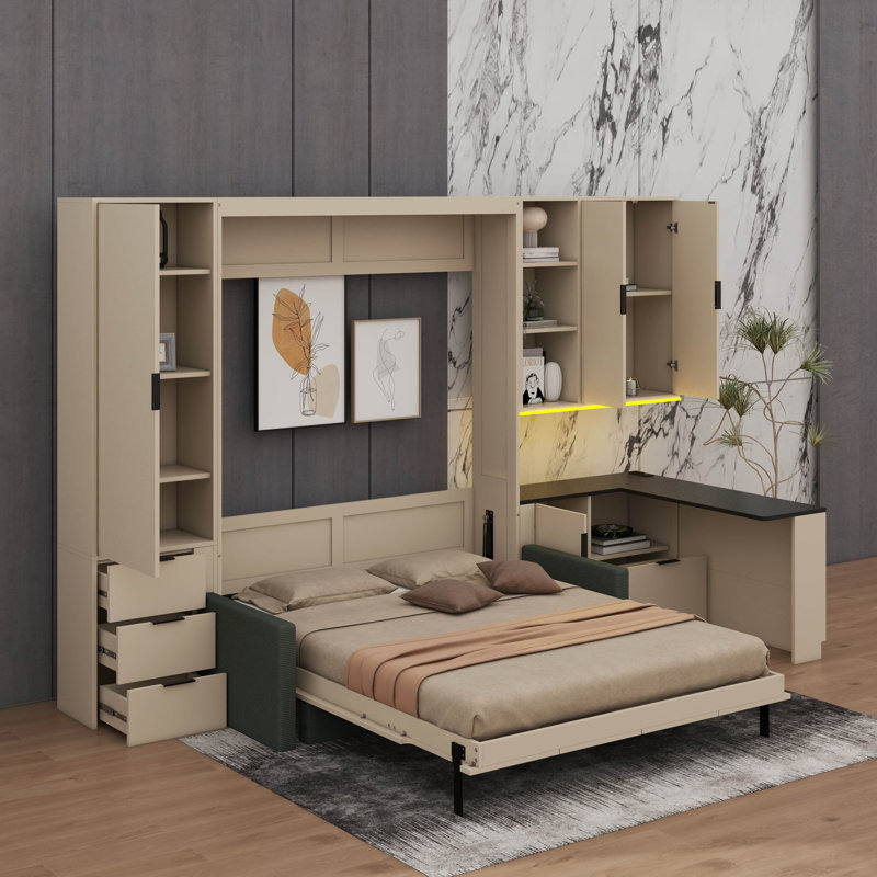 Grand lit escamotable avec canapé, bureau, tablettes et tiroirs, Beige