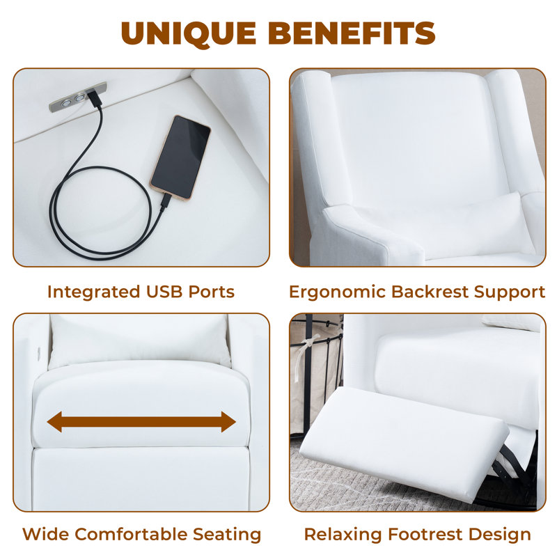 Cutlor Luxury Power Motion Recliner  Swivel Glider, Upholstered Reclining Sofa Chair with Lumbar Support, Bright White Linen
