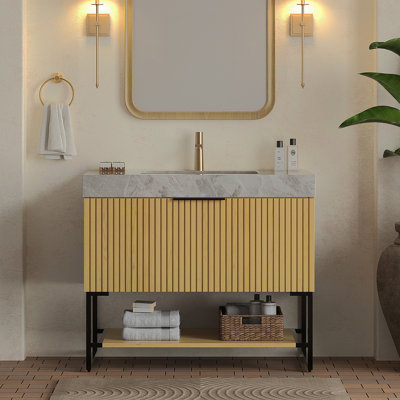 Meuble-lavabo de salle de bain 36 po YOLAN, armoire de rangement autoportante en contreplaqué rayé avec tiroir et tablette ouverte, plateau en pierre frittée gris clair et lavabo en céramique encastré, pré-assemblé, couleur grain de bois de chêne Corolla