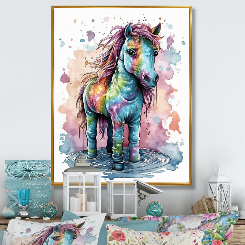 Arc-en-ciel, licorne mystique, H 20 po x l 12 po x P 1 po, Cadre flottant doré