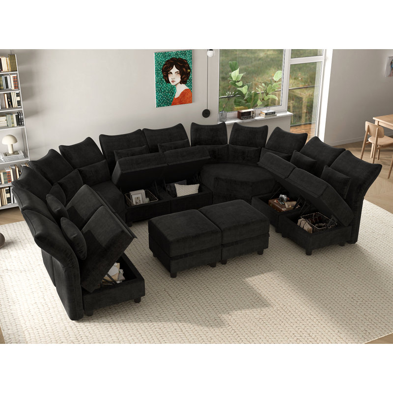 Bernel 130" Wide Chenille Modular Sectional with Ottoman, Black Microfiber/Microsuede
