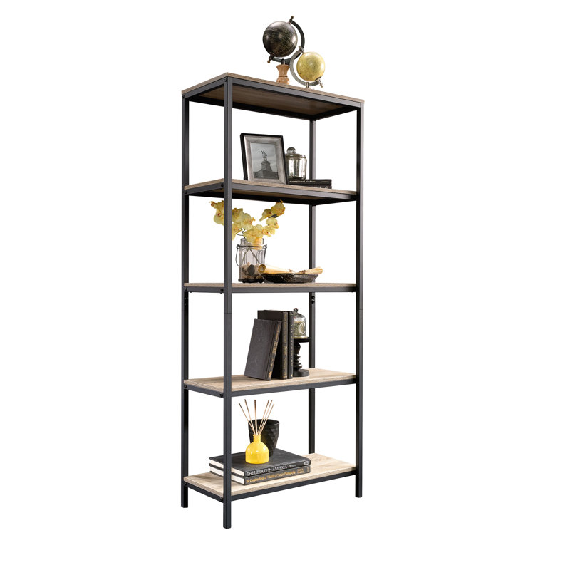 Grande bibliothèque en bois avec tablettes ouvertes, brun