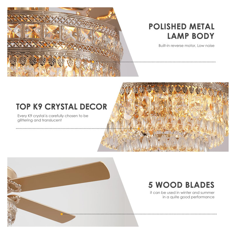 52"/62" Crystal Ceiling Fan Fandelier With Lights, Gold, 52"