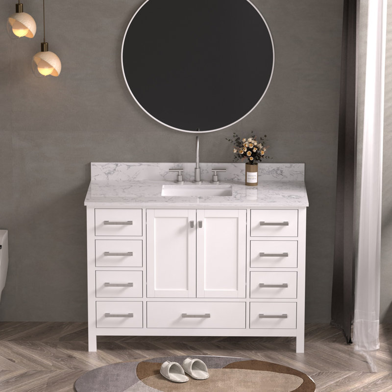 Plan de toilette en pierre reconstituée de 122 cm (48 po) avec lavabo rectangulaire encastré en céramique et dosseret., 48