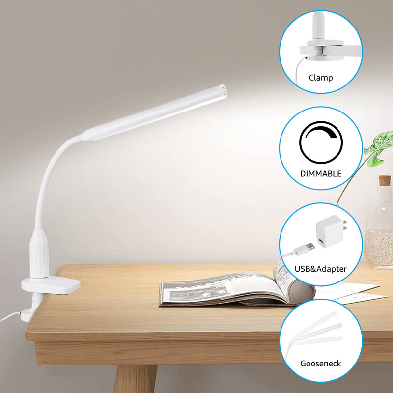 Lampe de bureau moderne à pince, à intensité variable et col de cygne flexible, idéale pour la lecture et les études. Alimentation USB.