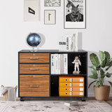 3 Drawer File Cabinet with Lock, Wood Rectangular File Cabinets for Home Office, Rolling File Cabinet with Open Shelves, Letter Filing Cabinet, Black & Brown