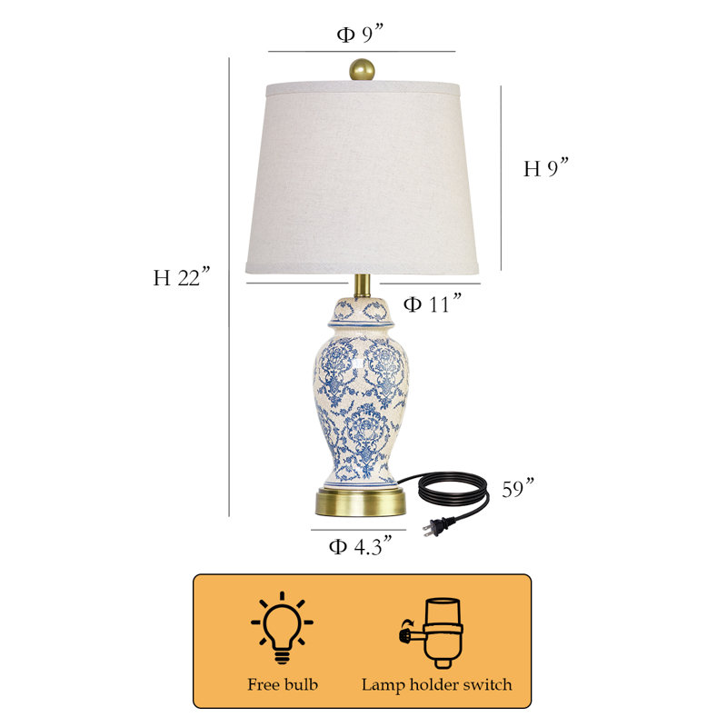 22” Blue White Porcelain Jar Lamp Set With Brass Base(Set Of 2)