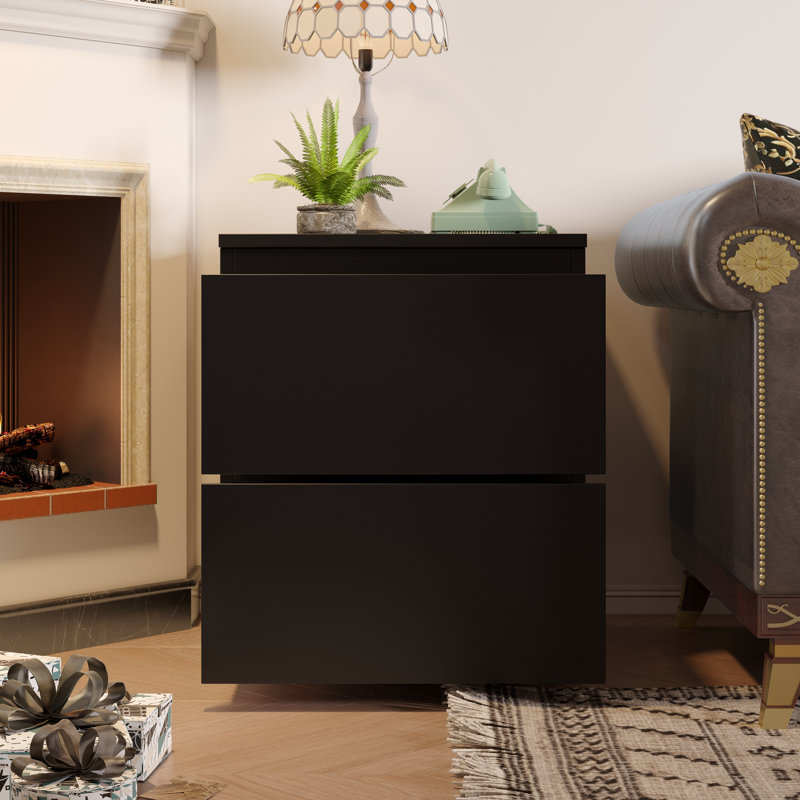 Table de bout moderne à 2 tiroirs avec design élégant sans poignée, rangement compact et pieds en métal, Noir
