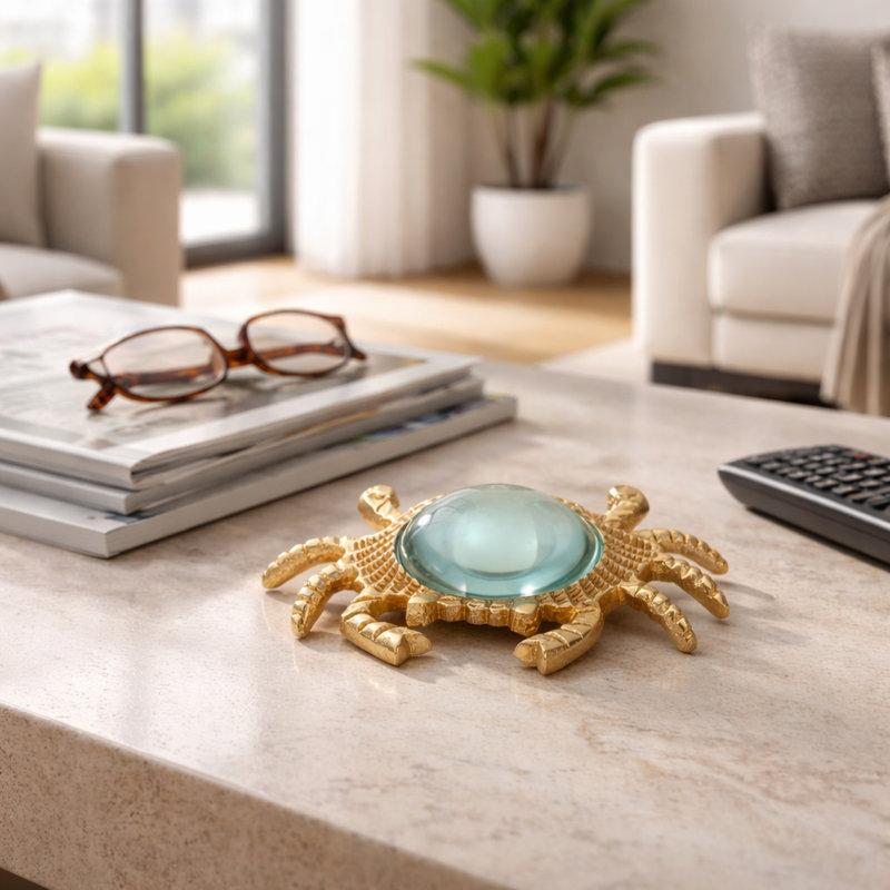 Decorative Metal Crab Magnifying Glass Sculpture for Table Decor - Coastal Functional Reading Accent for Living Room or Home Decoration - Gold