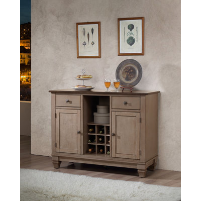 Buffet traditionnel avec rangement pour bouteilles de vin et tiroirs, bicolore marron.
