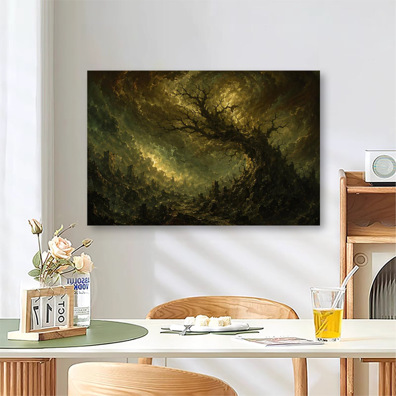 Art mural sur toile géant, arbre mort sur torsadé, Royaume médiéval sous ciel tourbillonnant, 20 x 24 po
